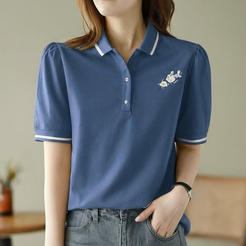 Summer Cotton Wanita Polo Shirts Custom Warna Biru Putih bordir Puff Print
