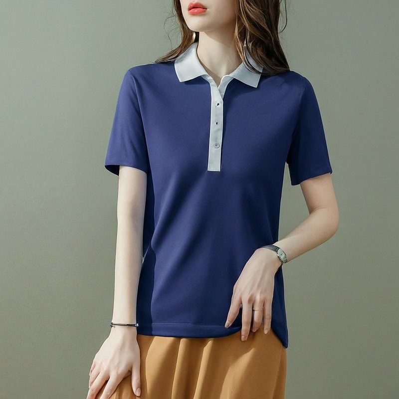 Summer Cotton Wanita Polo Shirts Custom Warna Biru Putih bordir Puff Print
