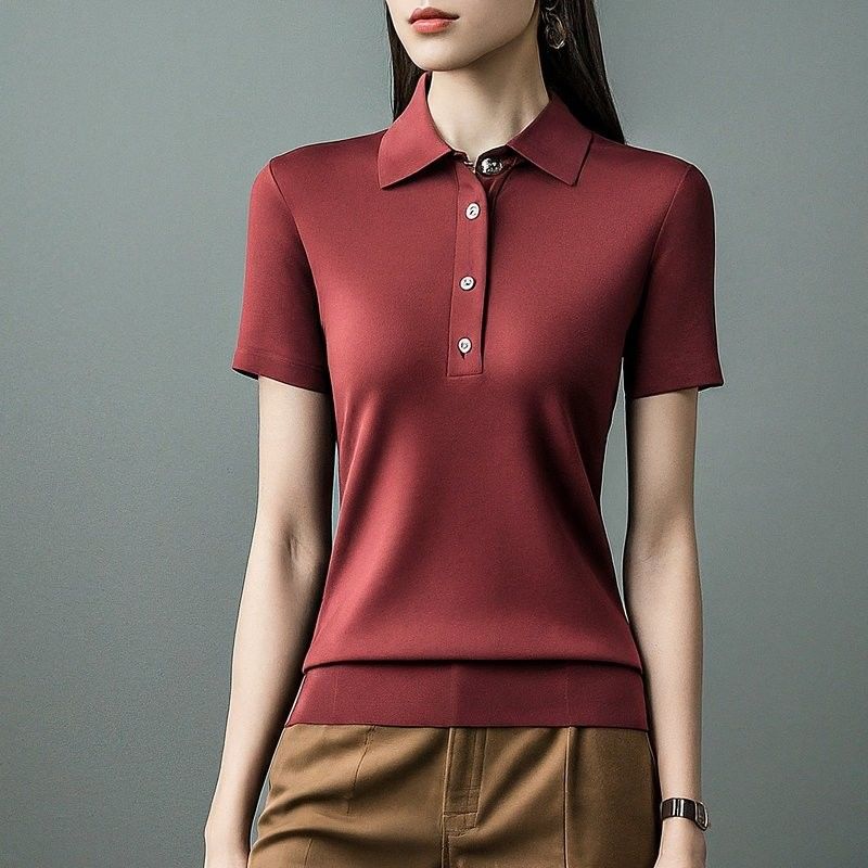 Knitted Short Sleeve Women'S Polo Shirts Warna Biasa Anti Kerutan OEM ODM