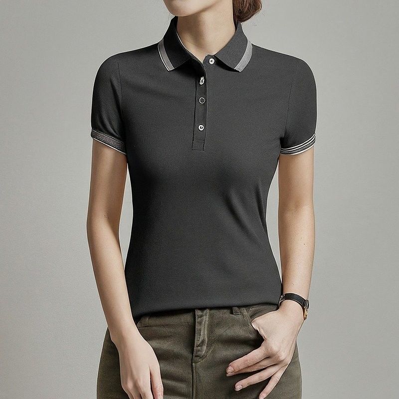Knitted Short Sleeve Women'S Polo Shirts Warna Biasa Anti Kerutan OEM ODM
