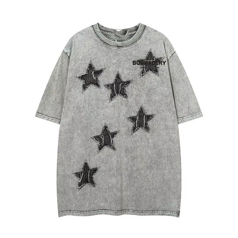 Custom High Quality Streetwear Crew Neck T-Shirt Applique Patch Bordir Asam Cuci Vintage T-Shirt