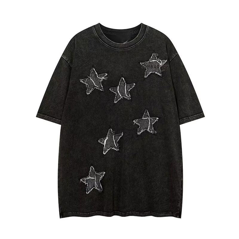 Custom High Quality Streetwear Crew Neck T-Shirt Applique Patch Bordir Asam Cuci Vintage T-Shirt