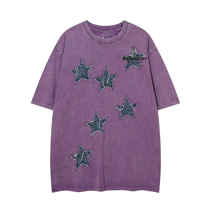 Custom High Quality Streetwear Crew Neck T-Shirt Applique Patch Bordir Asam Cuci Vintage T-Shirt