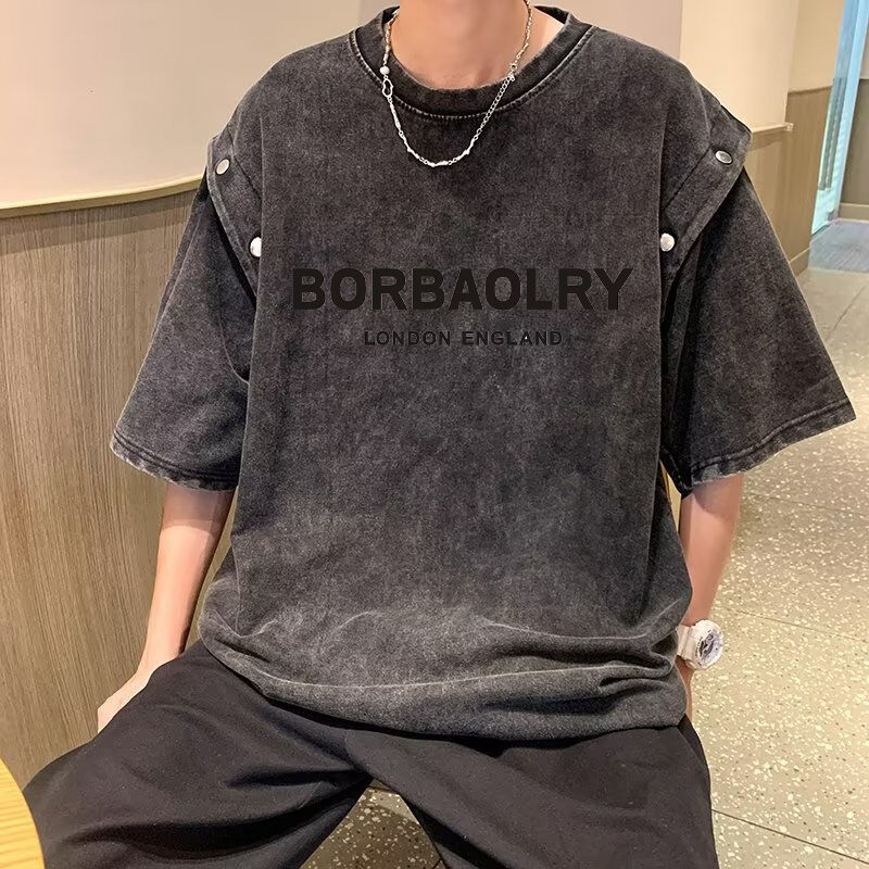 Vintage Detachable T-Shirt lengan pendek Pria longgar berat kapas asam Cuci T-Shirt Top Musim Panas Tren T-Shirt Merek