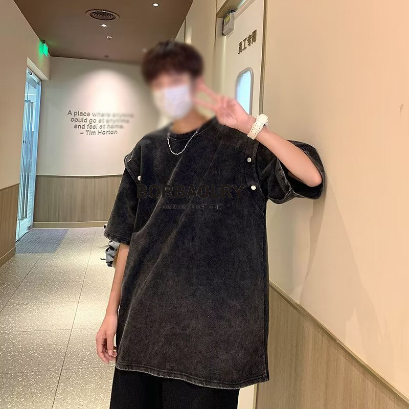 Vintage Detachable T-Shirt lengan pendek Pria longgar berat kapas asam Cuci T-Shirt Top Musim Panas Tren T-Shirt Merek
