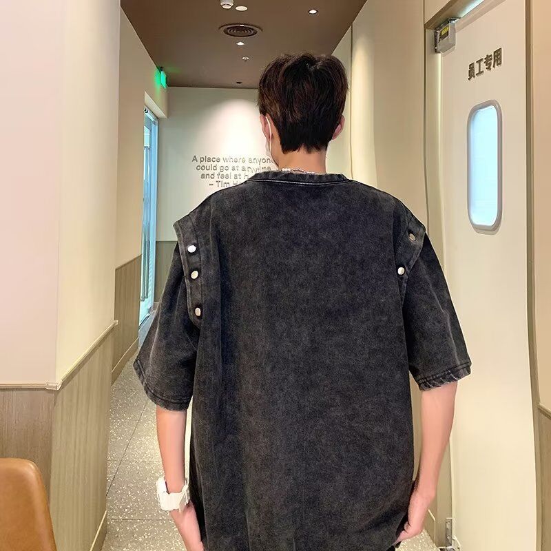 Vintage Detachable T-Shirt lengan pendek Pria longgar berat kapas asam Cuci T-Shirt Top Musim Panas Tren T-Shirt Merek