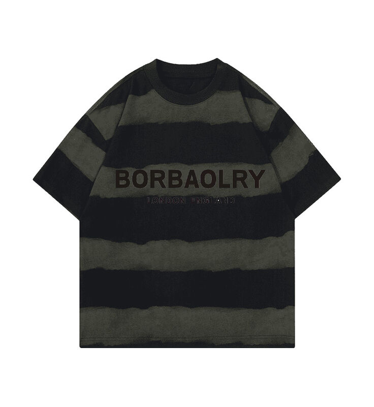 Grosir Kaos Katun 220g Fashion Kasual Longgar Atasan Garis-garis Kerajinan Tie-dye Bahu Jatuh Leher Bulat Lengan Pendek