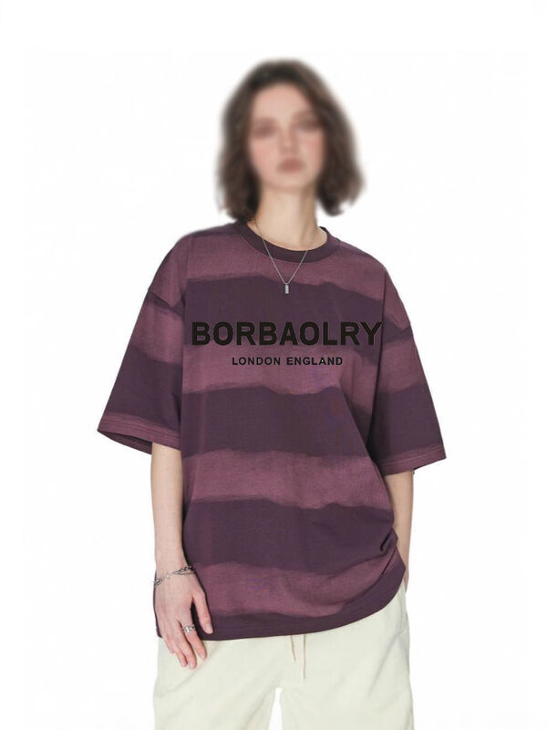 Grosir Kaos Katun 220g Fashion Kasual Longgar Atasan Garis-garis Kerajinan Tie-dye Bahu Jatuh Leher Bulat Lengan Pendek