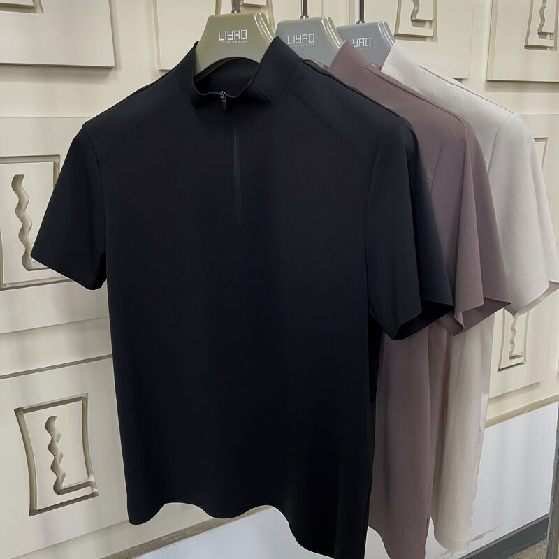 Kemeja Pria Leher Tinggi Lengan Pendek Bahan Melar Cepat Kering dan Bernapas untuk Kaos Olahraga Outdoor