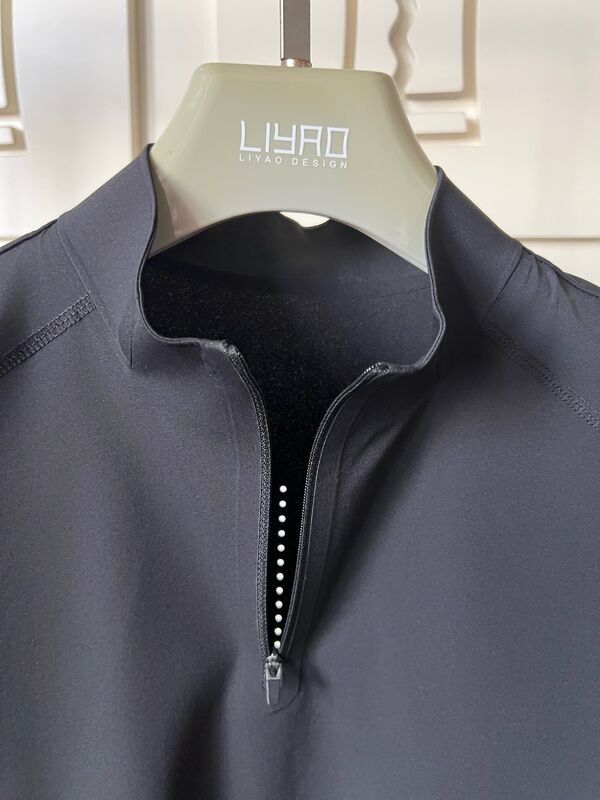 Kemeja Pria Leher Tinggi Lengan Pendek Bahan Melar Cepat Kering dan Bernapas untuk Kaos Olahraga Outdoor