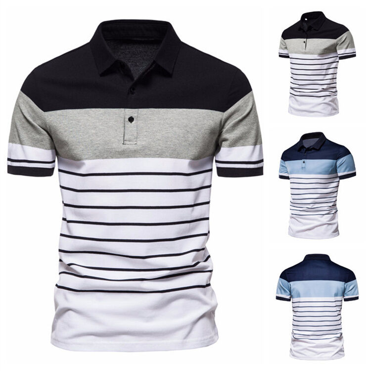 Fashion Pria Striped Patchwork Kontras Warna lengan pendek Lapel T-shirt POLO Shirt