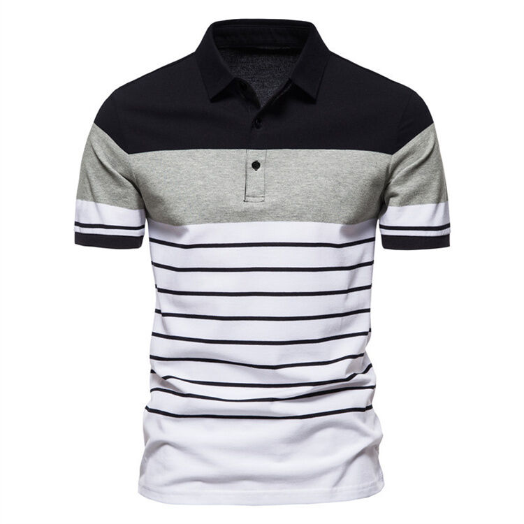 Fashion Pria Striped Patchwork Kontras Warna lengan pendek Lapel T-shirt POLO Shirt