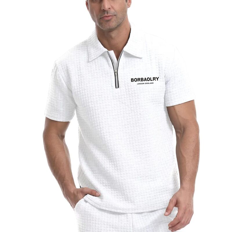 Custom Polyester Blend Stretch Fit Zipper Polo T-Shirt Premium Waffle Polo Shirt untuk Pria