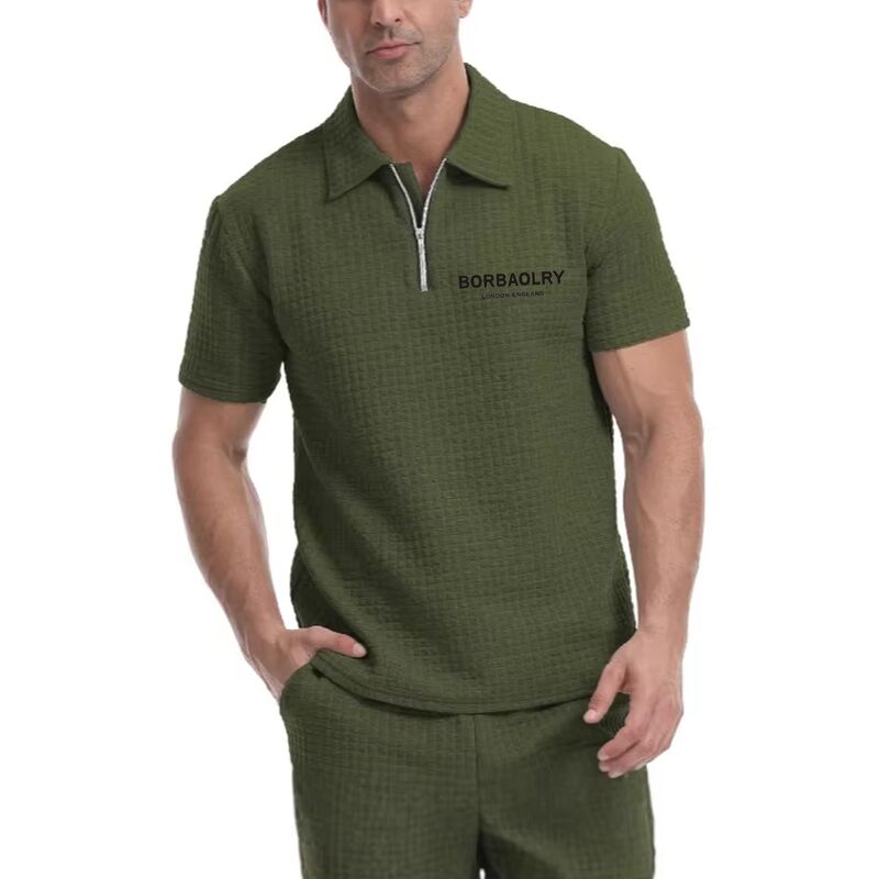 Custom Polyester Blend Stretch Fit Zipper Polo T-Shirt Premium Waffle Polo Shirt untuk Pria