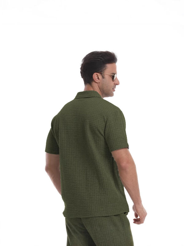 Custom Polyester Blend Stretch Fit Zipper Polo T-Shirt Premium Waffle Polo Shirt untuk Pria