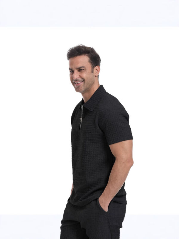 Custom Polyester Blend Stretch Fit Zipper Polo T-Shirt Premium Waffle Polo Shirt untuk Pria