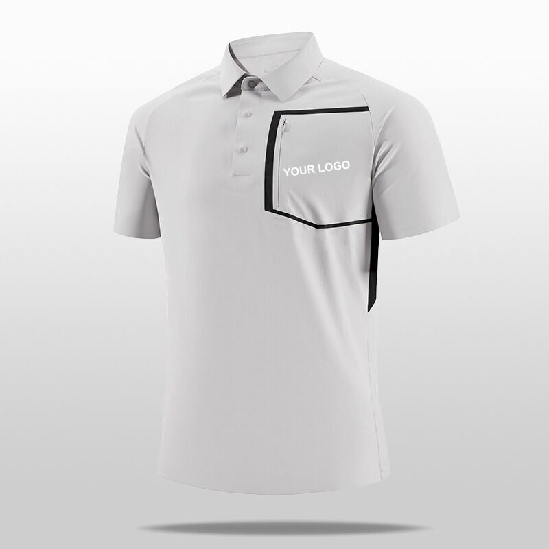 Pria 100% poliester lengan pendek untuk Polo Shirt berdiri kerah Flap saku cepat mengeringkan berkualitas tinggi anti-pilling desain rajutan