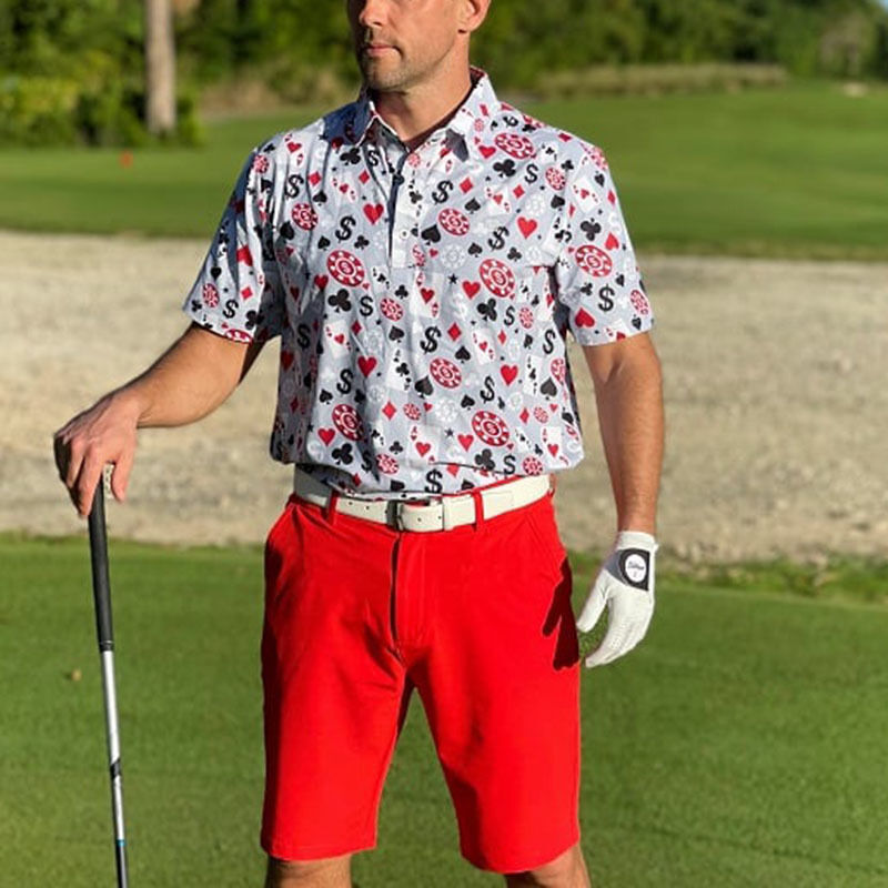 Kemeja Polo Golf Lengan Pendek Pria Kualitas OEM Poker Black Jack Bahan Melar 4 Arah Ringan Cepat Kering Logo Kustom