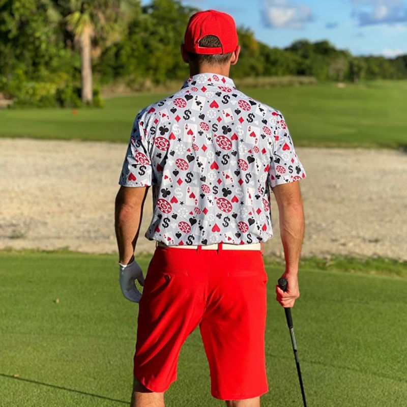 Kemeja Polo Golf Lengan Pendek Pria Kualitas OEM Poker Black Jack Bahan Melar 4 Arah Ringan Cepat Kering Logo Kustom