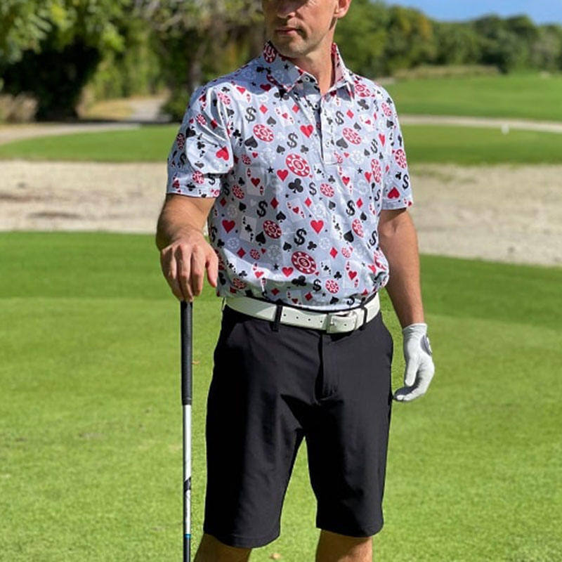 Kemeja Polo Golf Lengan Pendek Pria Kualitas OEM Poker Black Jack Bahan Melar 4 Arah Ringan Cepat Kering Logo Kustom