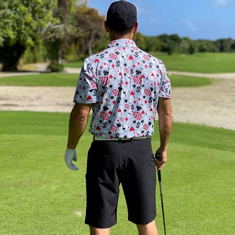 Kemeja Polo Golf Lengan Pendek Pria Kualitas OEM Poker Black Jack Bahan Melar 4 Arah Ringan Cepat Kering Logo Kustom