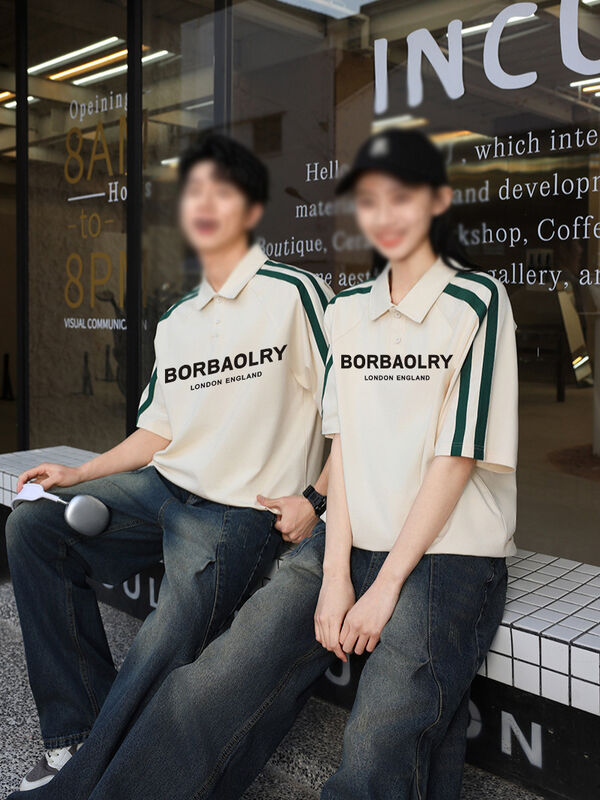 Summer Men's Short Sleeve untuk Polo Shirt American High Street Style Collar Half-Sleeve T-Shirt Stylish Knitted Letter