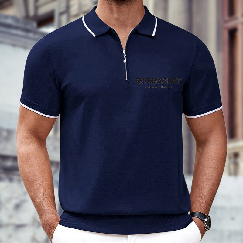 Gaya Eropa Musim Panas Pria Casual Bisnis Kaos Polo Katun Woven Solid Knit Pattern dengan Zipper Lapel Zipper Knit